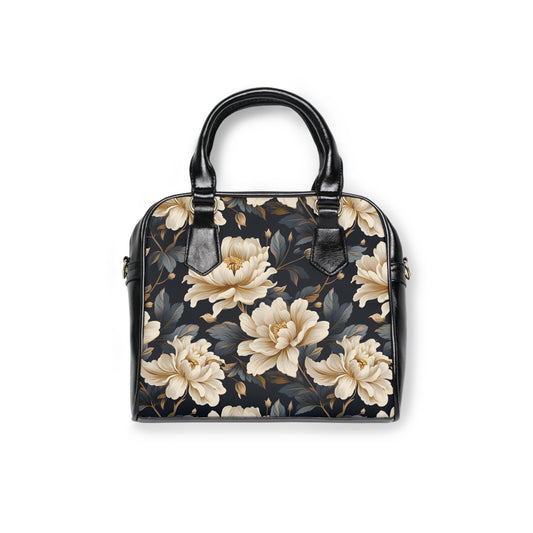 Damask Style White and Blue Flower Shoulder Handbag