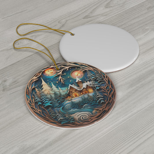 Papercraft Christmas Chalet at Night Ceramic Ornament