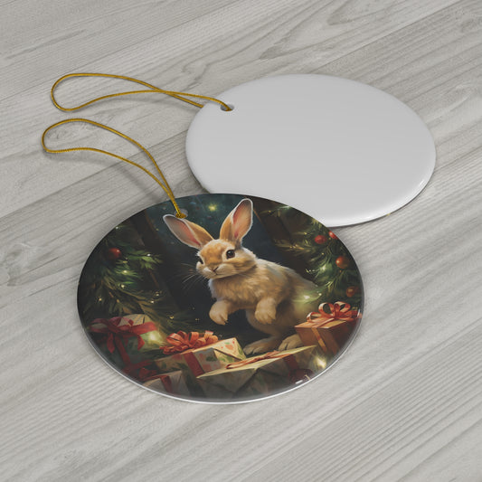 Cute Bunny Rabbit by Christmas Tree Ceramic Ornament