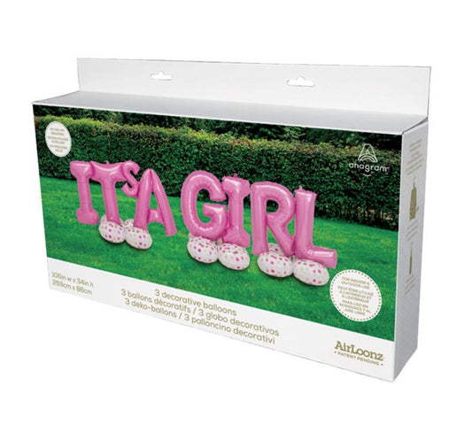 100-Inch It's A Girl AirLoonz Foil Balloon - Air Filled It's A Girl Balloon (Uninflated) Gender Reveal Party Balloon Baby Shower Balloon