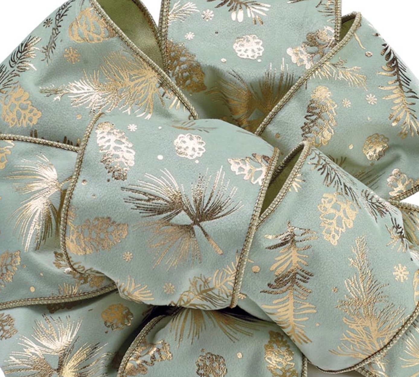 Sage Velvet Ribbon with Gold Pinecone Pattern - 4" Wide x 5 Yards #100 Bow Ribbon