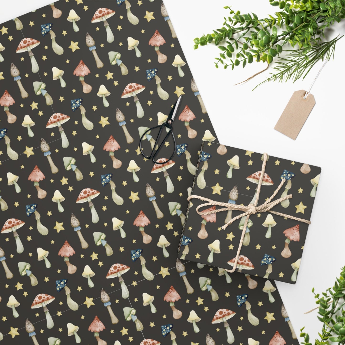 Watercolor Mushroom and Star Gift Wrapping Paper
