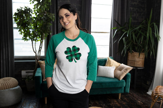 St Patrick's Day Plaid Shamrock 3/4 Sleeve Unisex Baseball T Shirt St Patty's Day