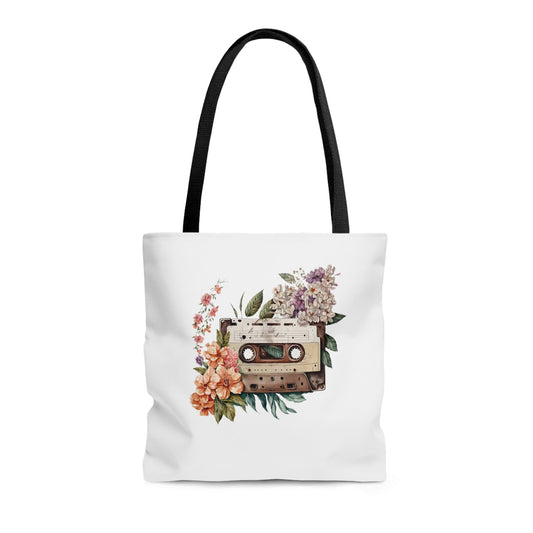 Watercolor Cassette and Flower Tote Bag