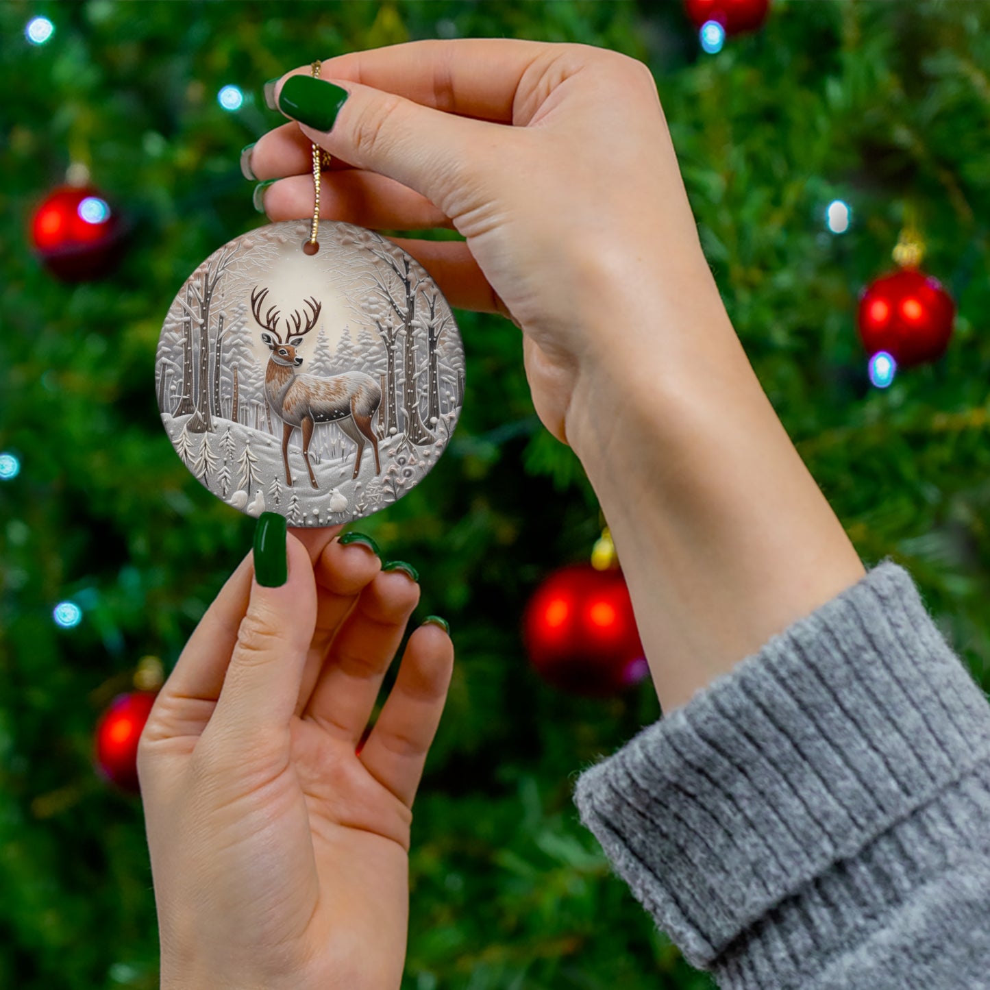 Embroidery Style Buck in Snow Ceramic Ornament