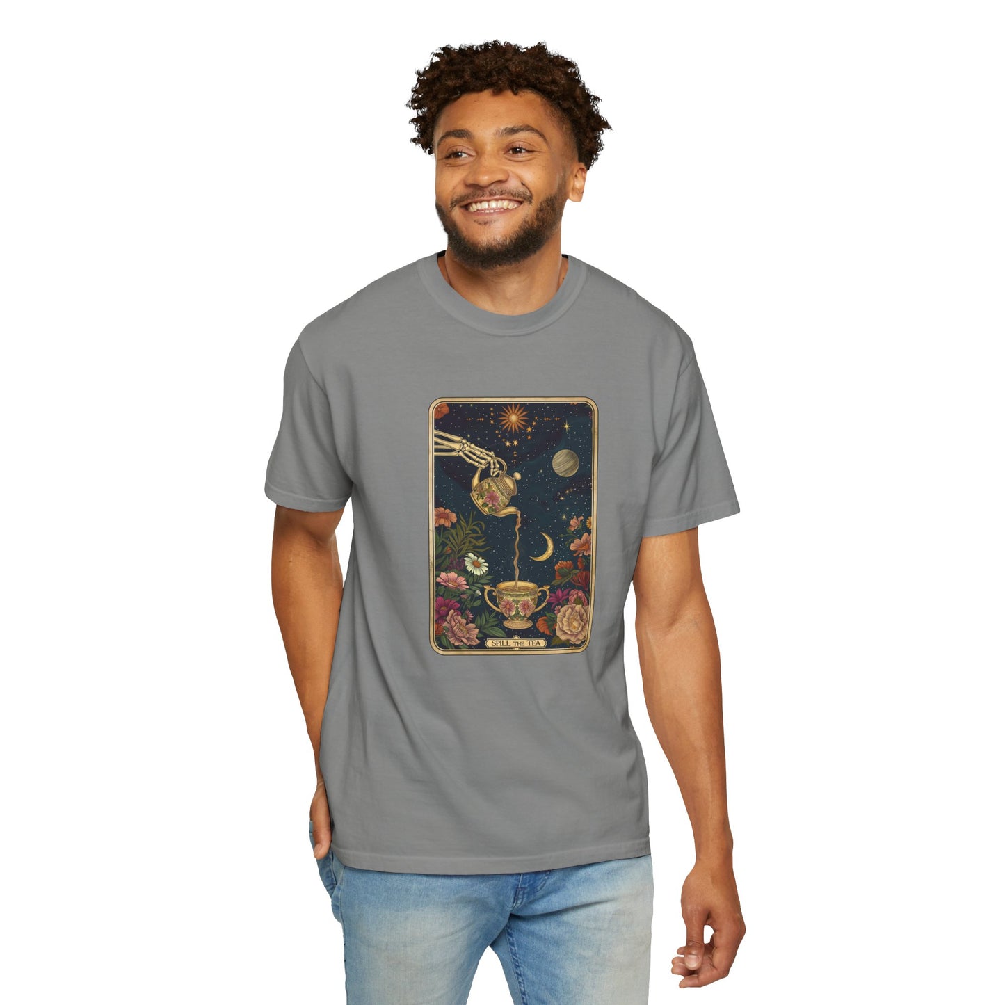 Spill the Tea Tarot Card T-shirt, Unisex Tee for Tarot Lovers, Mystic Apparel, Witchy Shirt, Boho Clothing, Tea Leaf Reading Top
