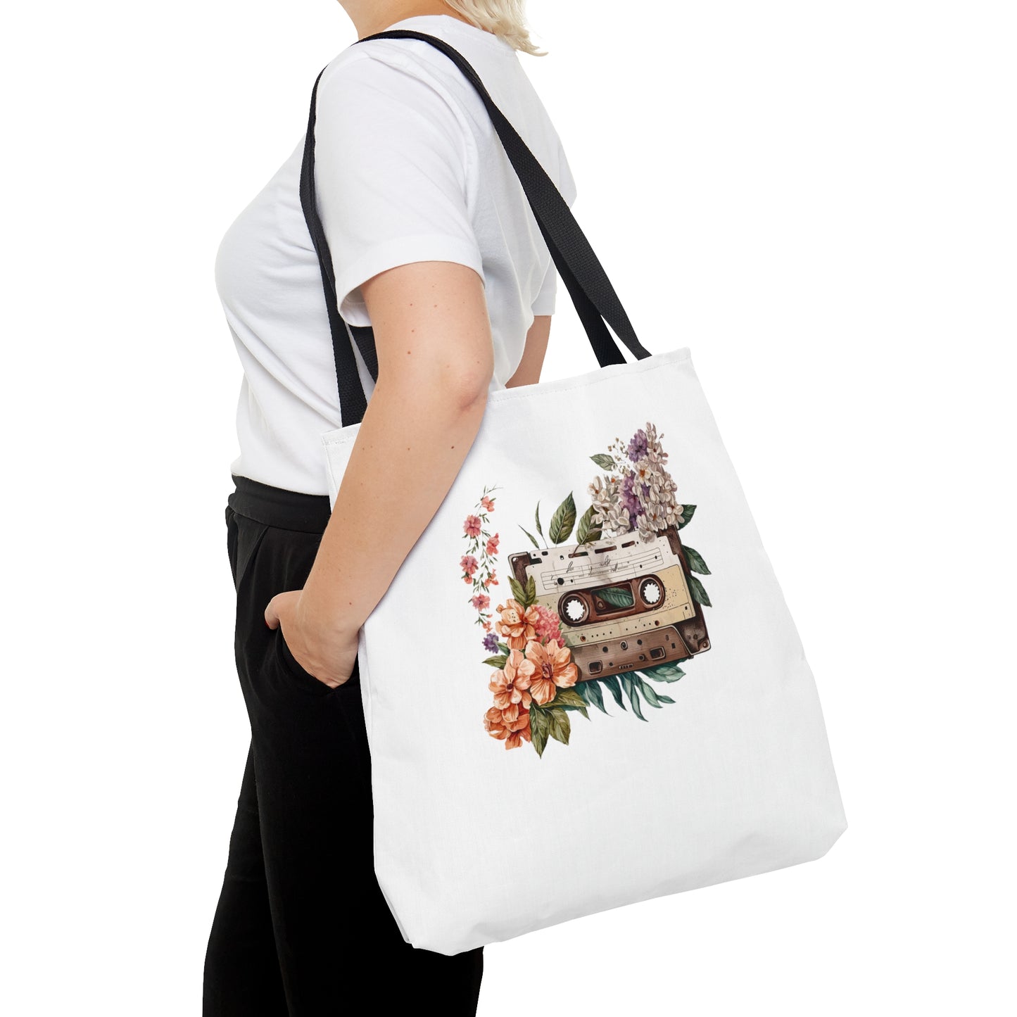 Watercolor Cassette and Flower Tote Bag Shopping Bag Reusable Tote Gardener Gift Retro Bag