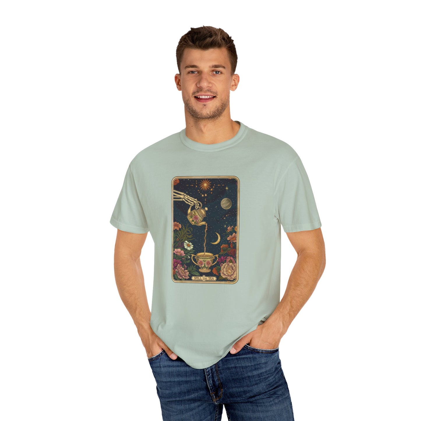 Spill the Tea Tarot Card T-shirt, Unisex Tee for Tarot Lovers, Mystic Apparel, Witchy Shirt, Boho Clothing, Tea Leaf Reading Top