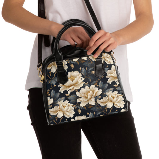 Damask Style White and Blue Flower Shoulder Handbag