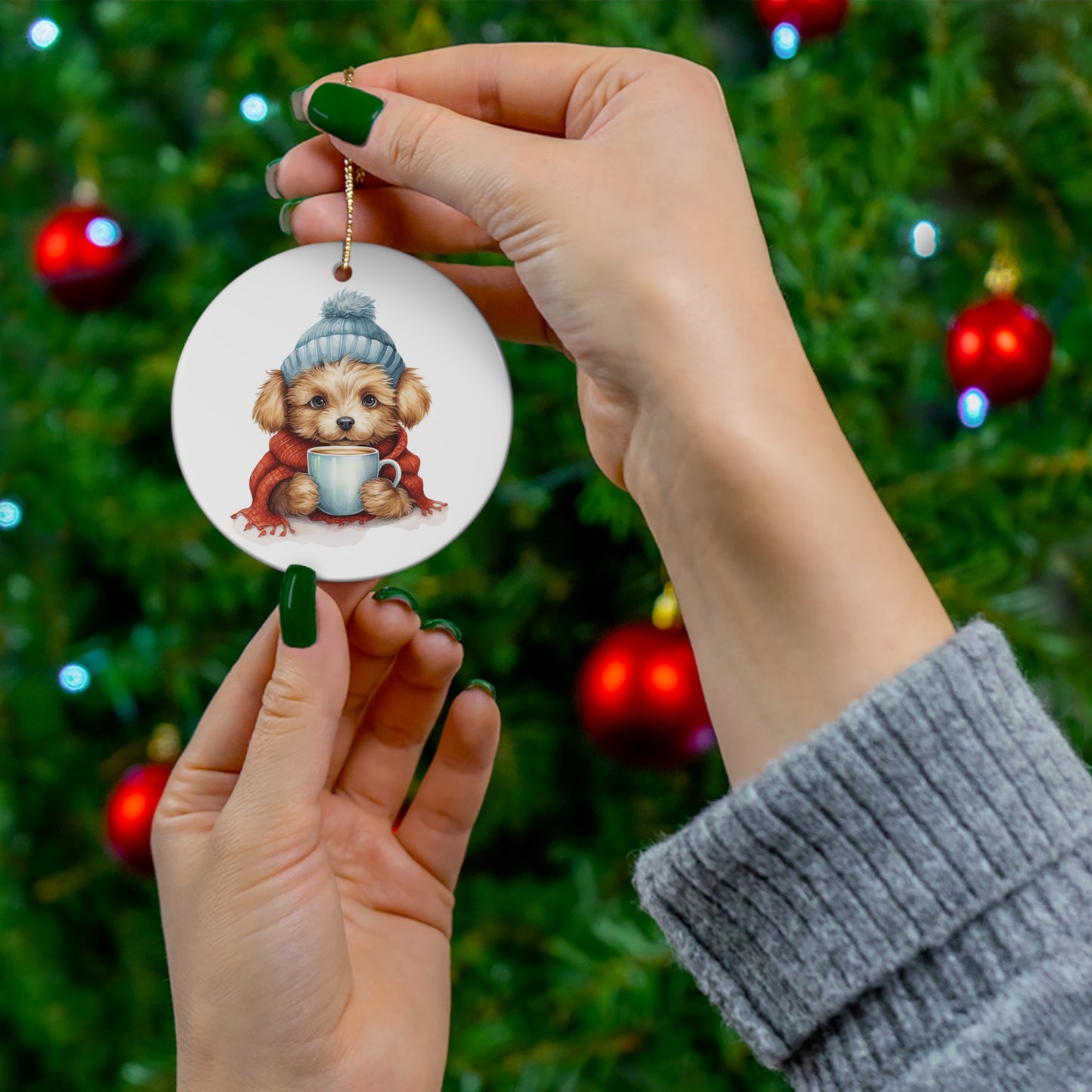 Cute Christmas Puppy in Sweater Drinking Coffee Ceramic Ornament