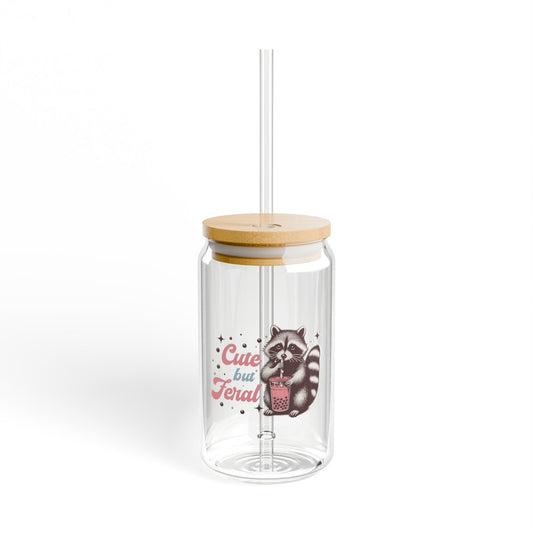 Cute But Feral Funny Racoon Sipper Glass, 16oz