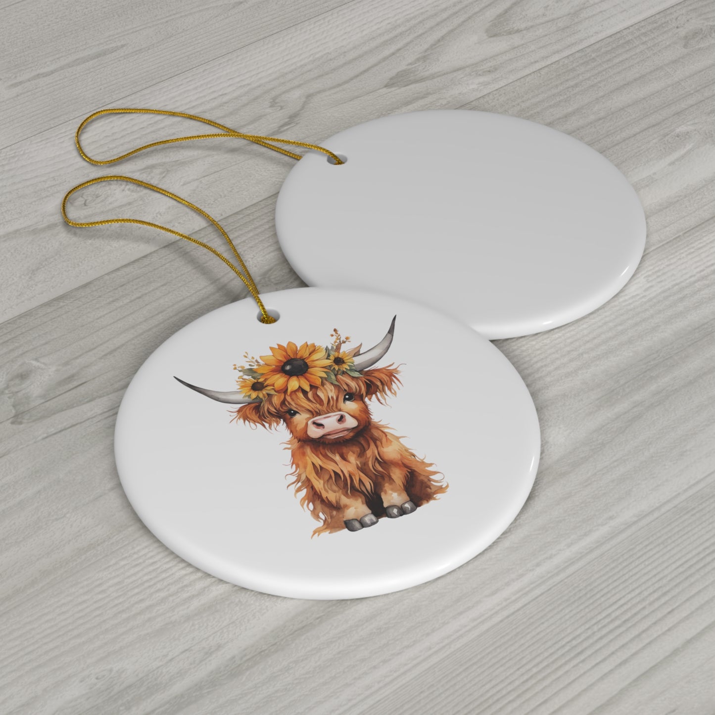 Cute Watercolor Baby Highland Cow with Sunflowers Ceramic Ornament