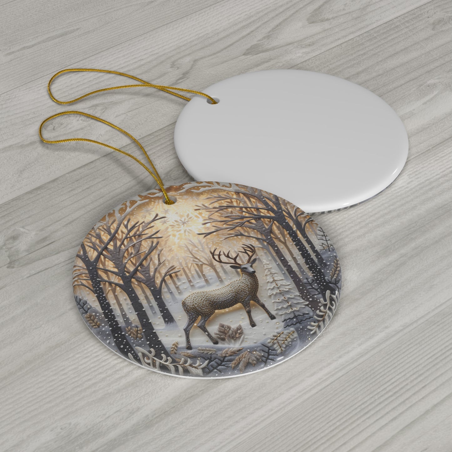 Embroidery Style Buck in Snow Ceramic Ornament