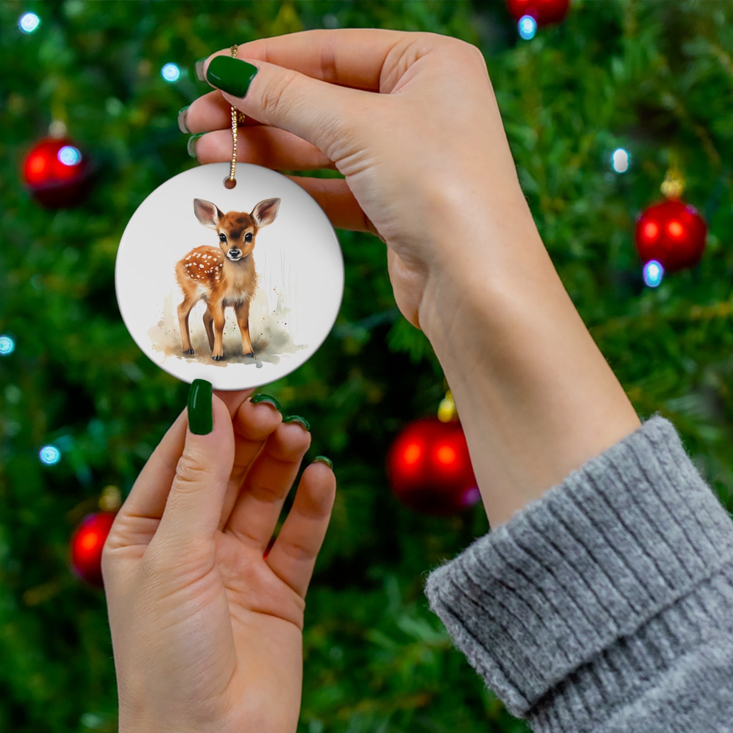 Cute Watercolor Baby Deer Fawn Ceramic Ornament