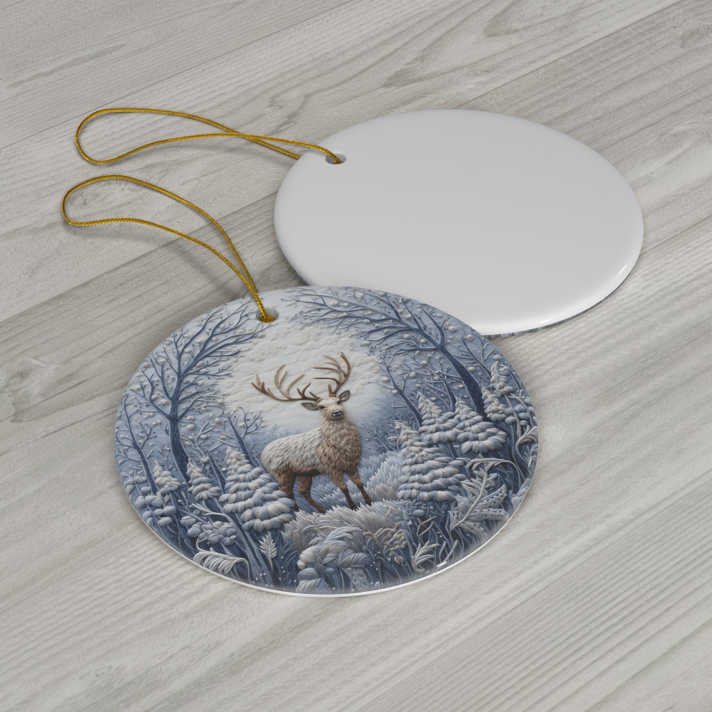 Blues Embroidery Style Buck in Snow Ceramic Ornament