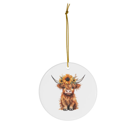 Cute Watercolor Baby Highland Cow with Sunflowers Ceramic Ornament