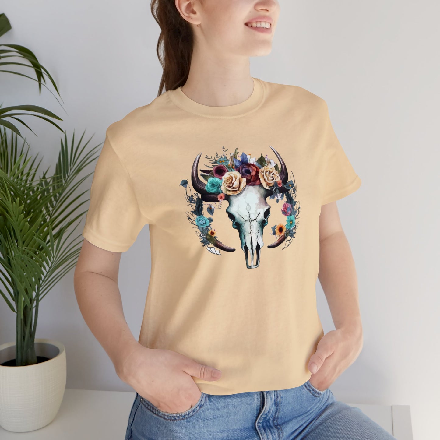 Floral Animal Skull Boho Unisex Jersey Short Sleeve Tee