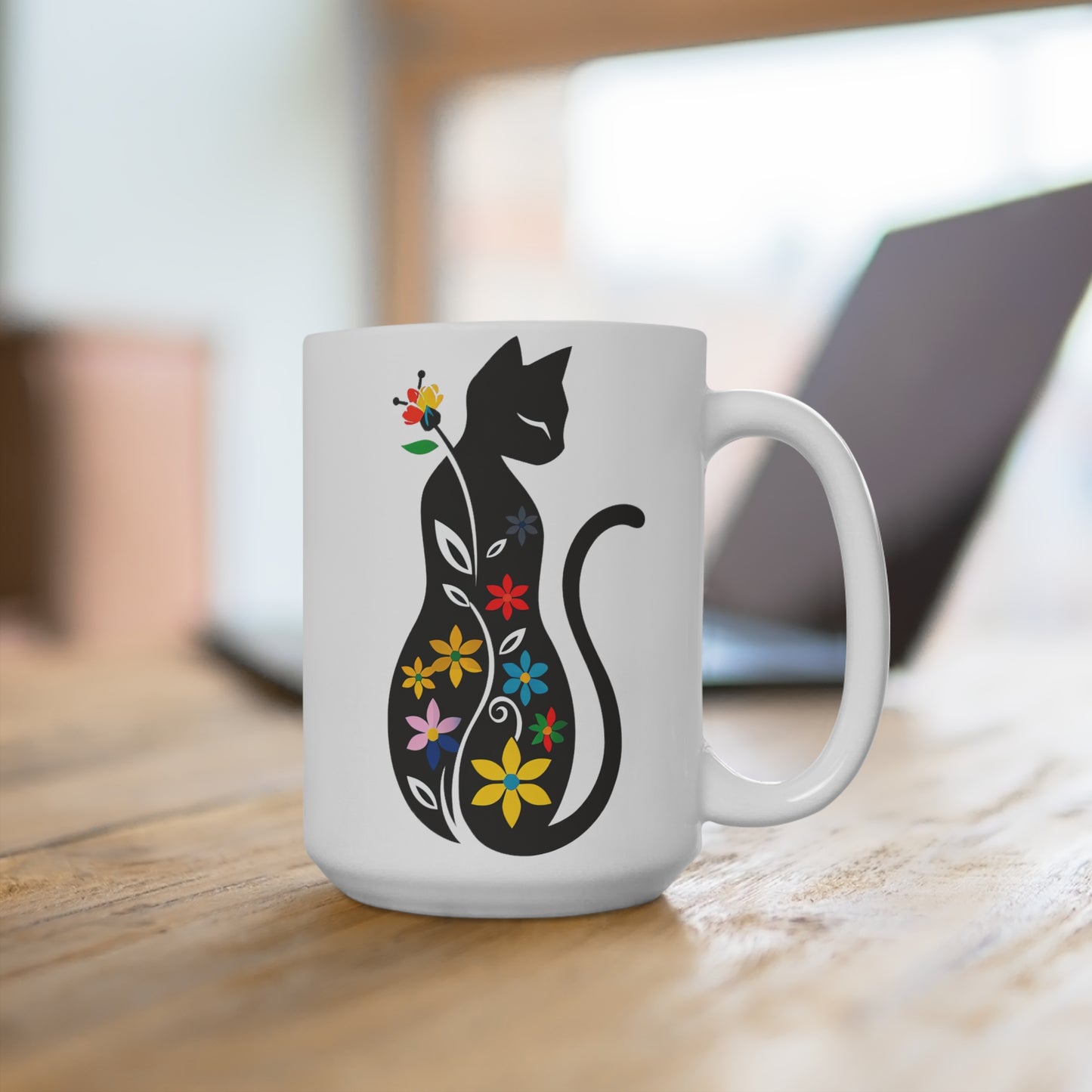 Black Cat Floral Mug 15oz