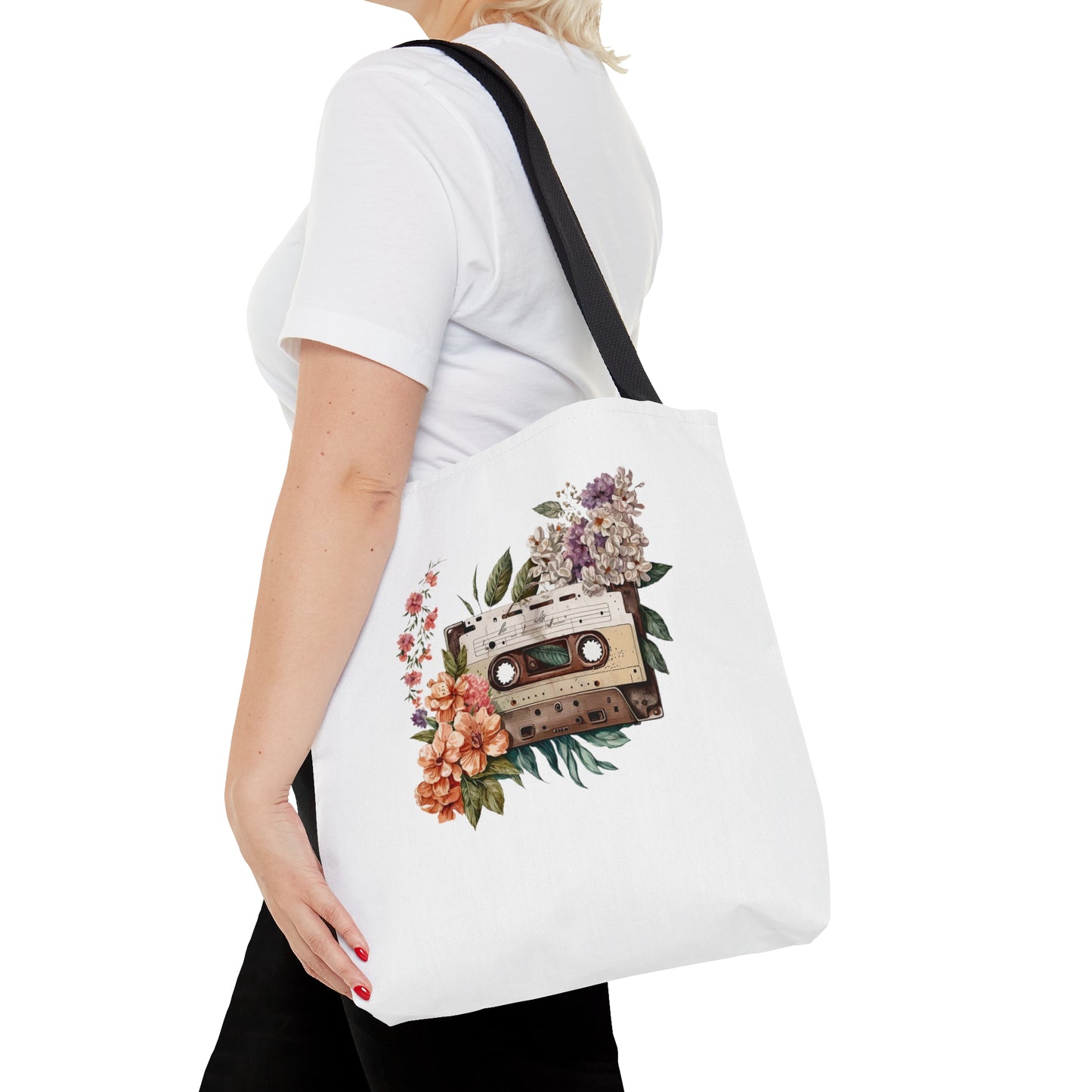 Watercolor Cassette and Flower Tote Bag Shopping Bag Reusable Tote Gardener Gift Retro Bag