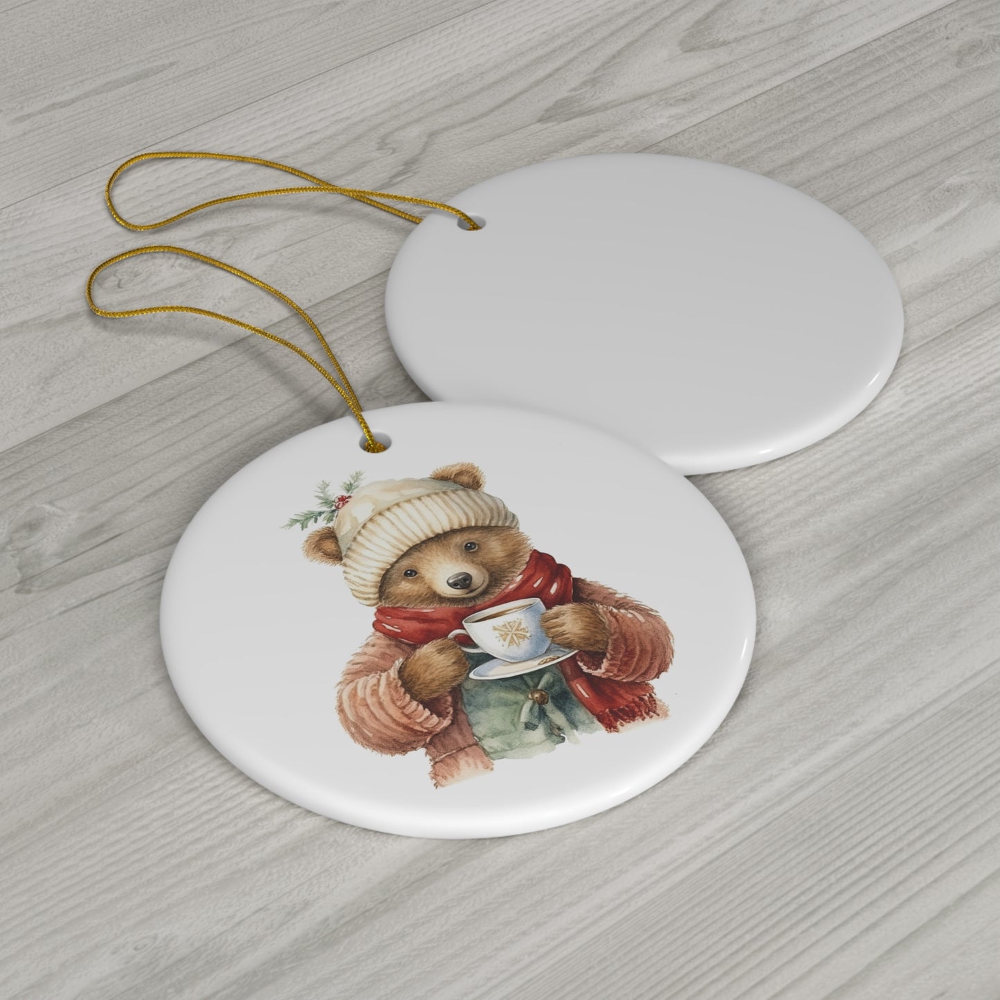 Cute Christmas Bear in Sweater Drinking Coffee Ceramic Ornament