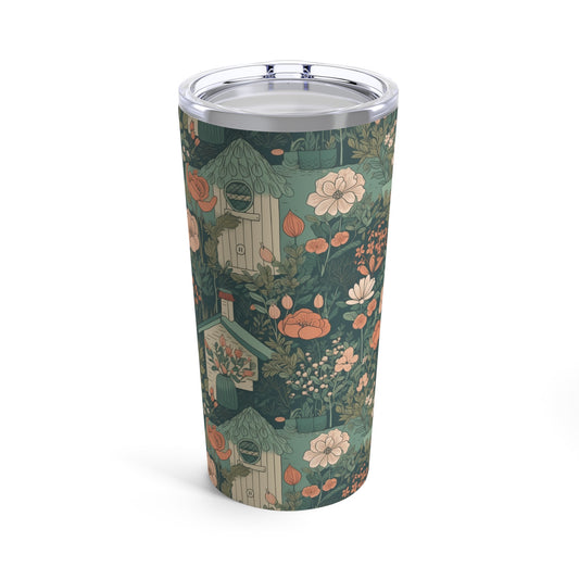 Cute Cottagecore Flower and Cottage Blue and Pink Tumbler 20oz