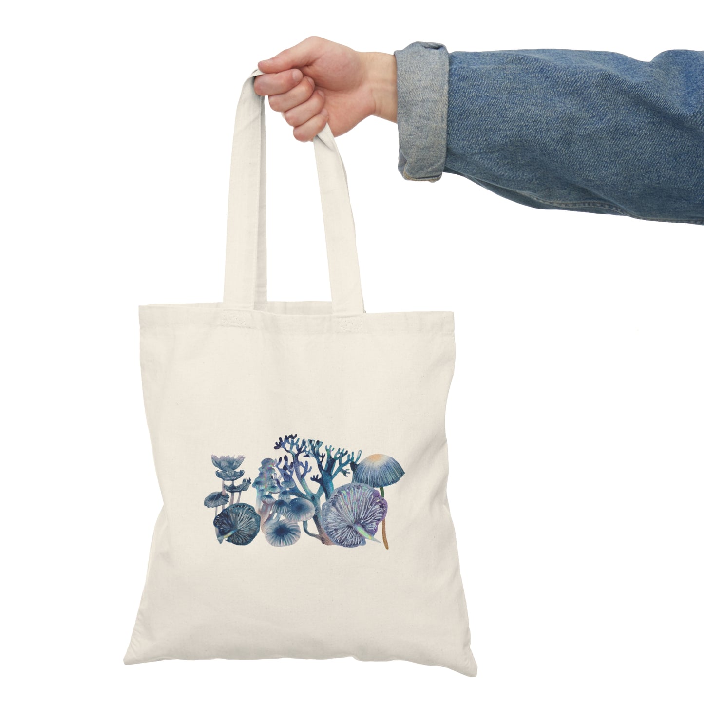 Waterclor Blue Mushroom Natural Tote Bag Grocery Bag