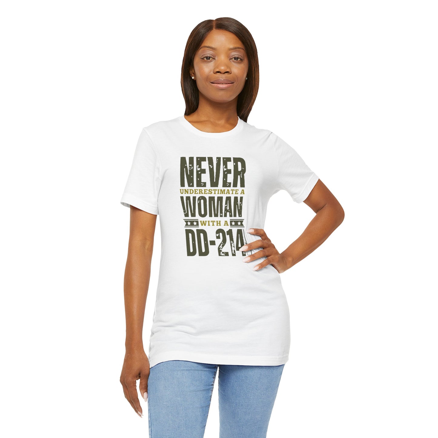 Woman with a DD214 Unisex Jersey Short Sleeve Tee