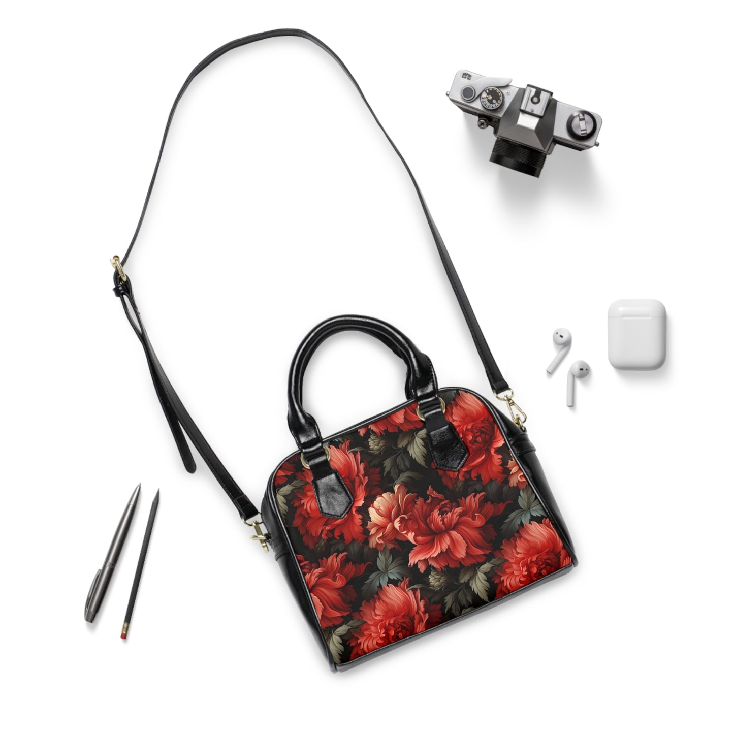 Damask Style Red Peony Flower Shoulder Handbag