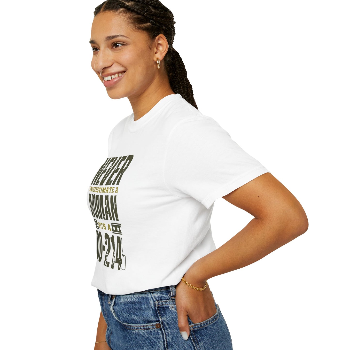 Women DD-214 Military Proud T-Shirt – "Never Underestimate a Woman with a DD-214"