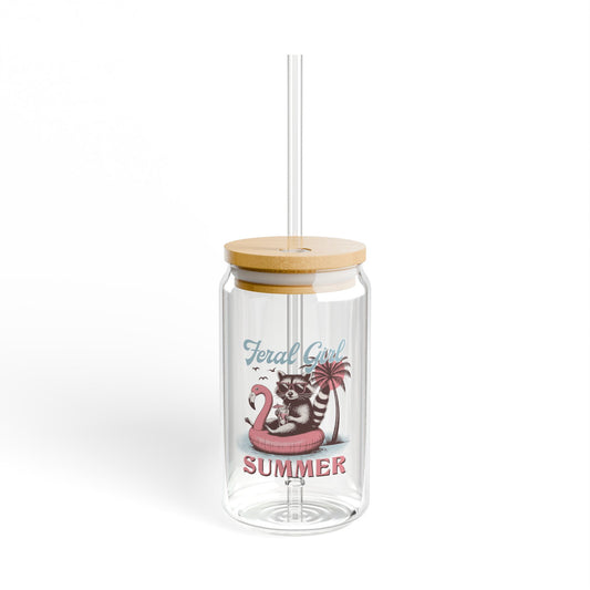 Feral Girl Summer Funny Racoon Sipper Glass, 16oz