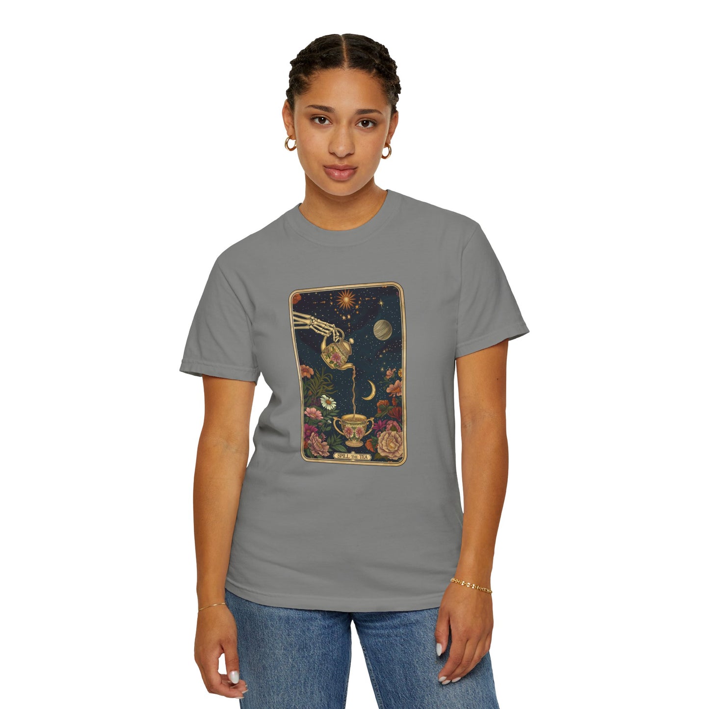 Spill the Tea Tarot Card T-shirt, Unisex Tee for Tarot Lovers, Mystic Apparel, Witchy Shirt, Boho Clothing, Tea Leaf Reading Top