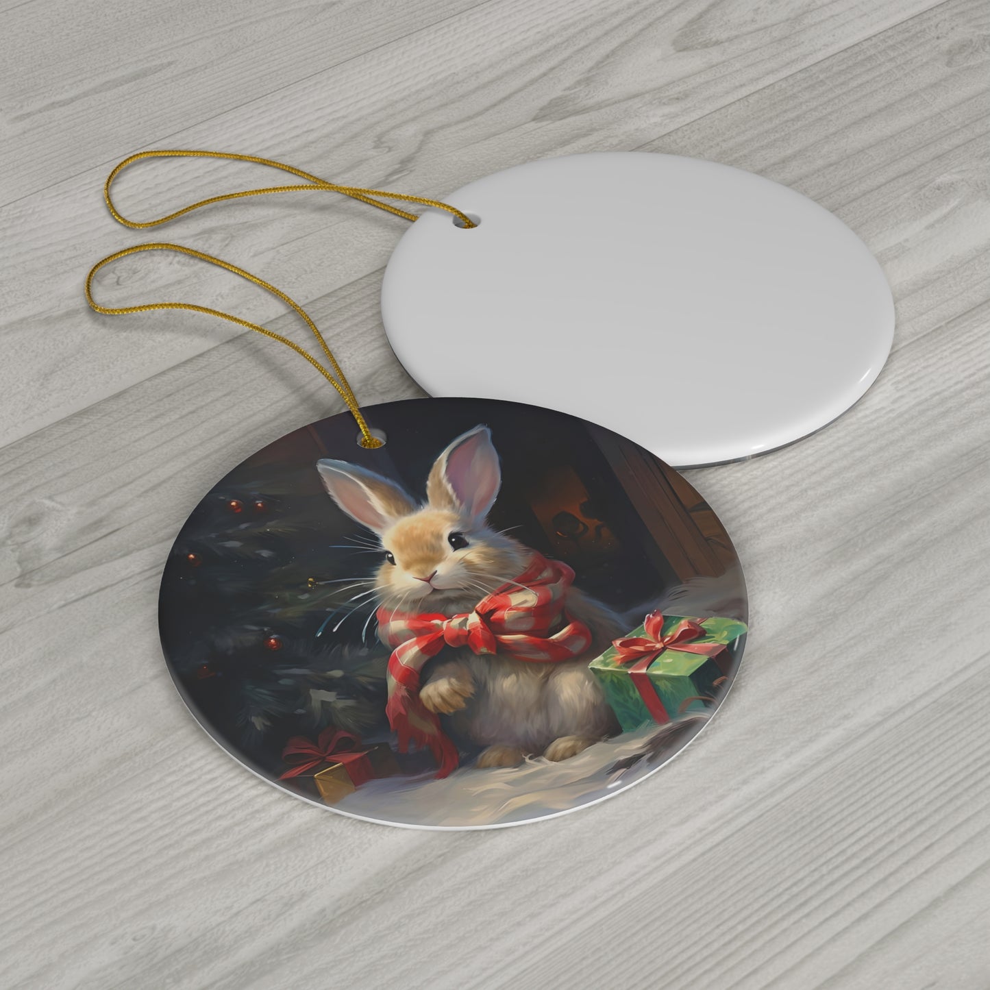 Cute Bunny Rabbit At Christmas Tree Ceramic Ornament