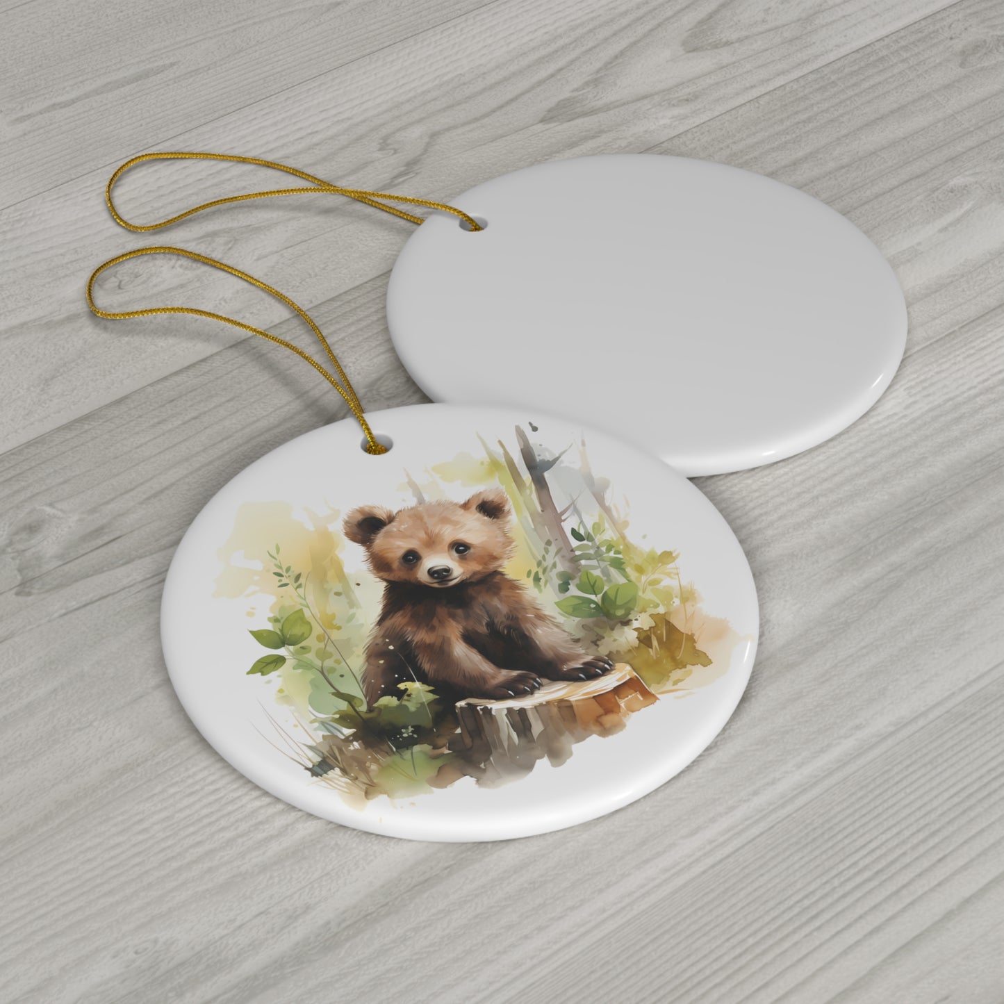 Cute Watercolor Baby Bear in the Woods Ceramic Ornament