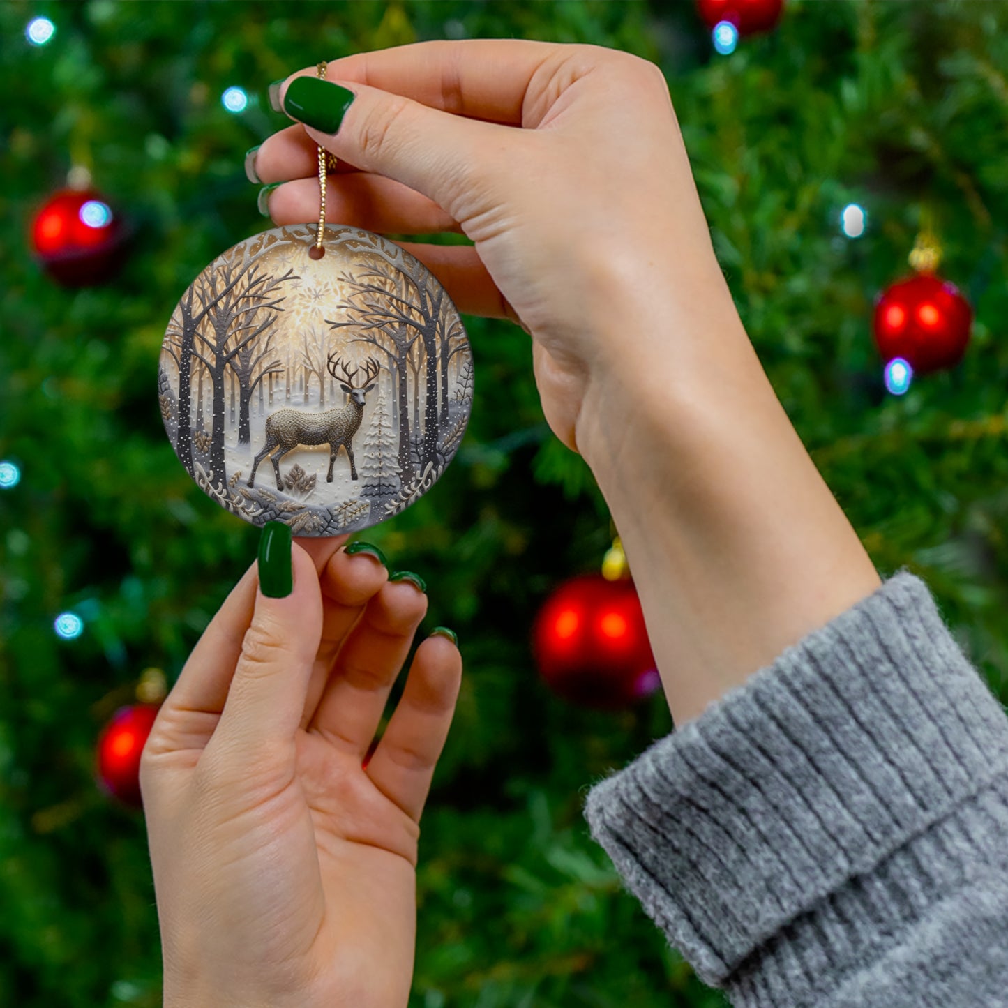 Embroidery Style Buck in Snow Ceramic Ornament