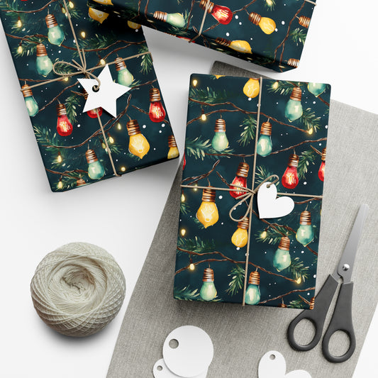 Gift Wrap Papers, Christmas Lights Garland, Retro Watercolor Holiday String Lights, Festive Gift Wrap, Wrapping Paper Roll, Craft Paper Roll