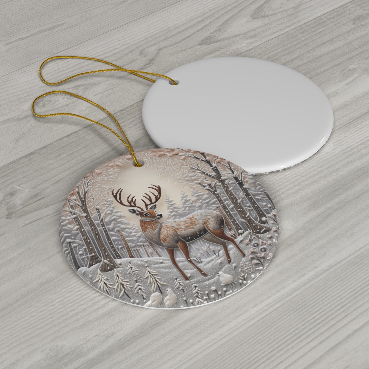 Embroidery Style Buck in Snow Ceramic Ornament