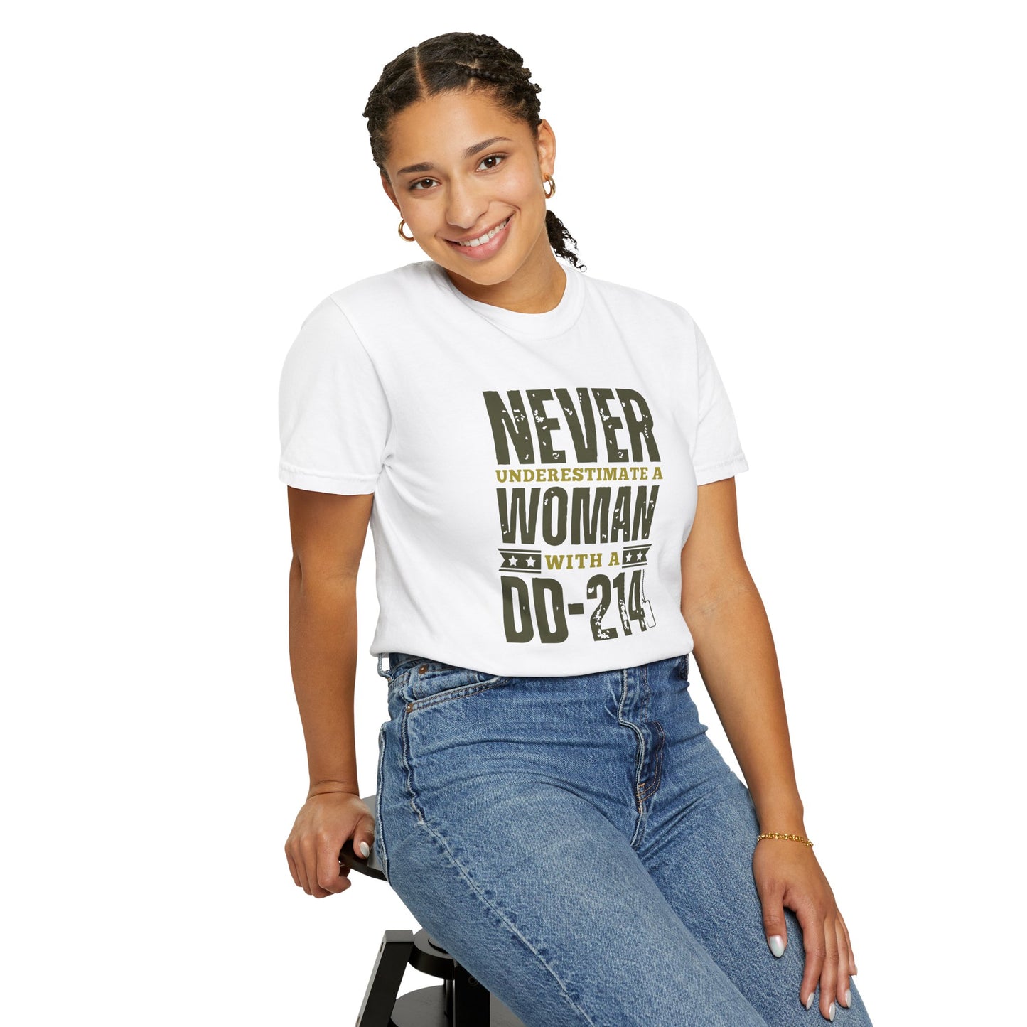 Women DD-214 Military Proud T-Shirt – "Never Underestimate a Woman with a DD-214"