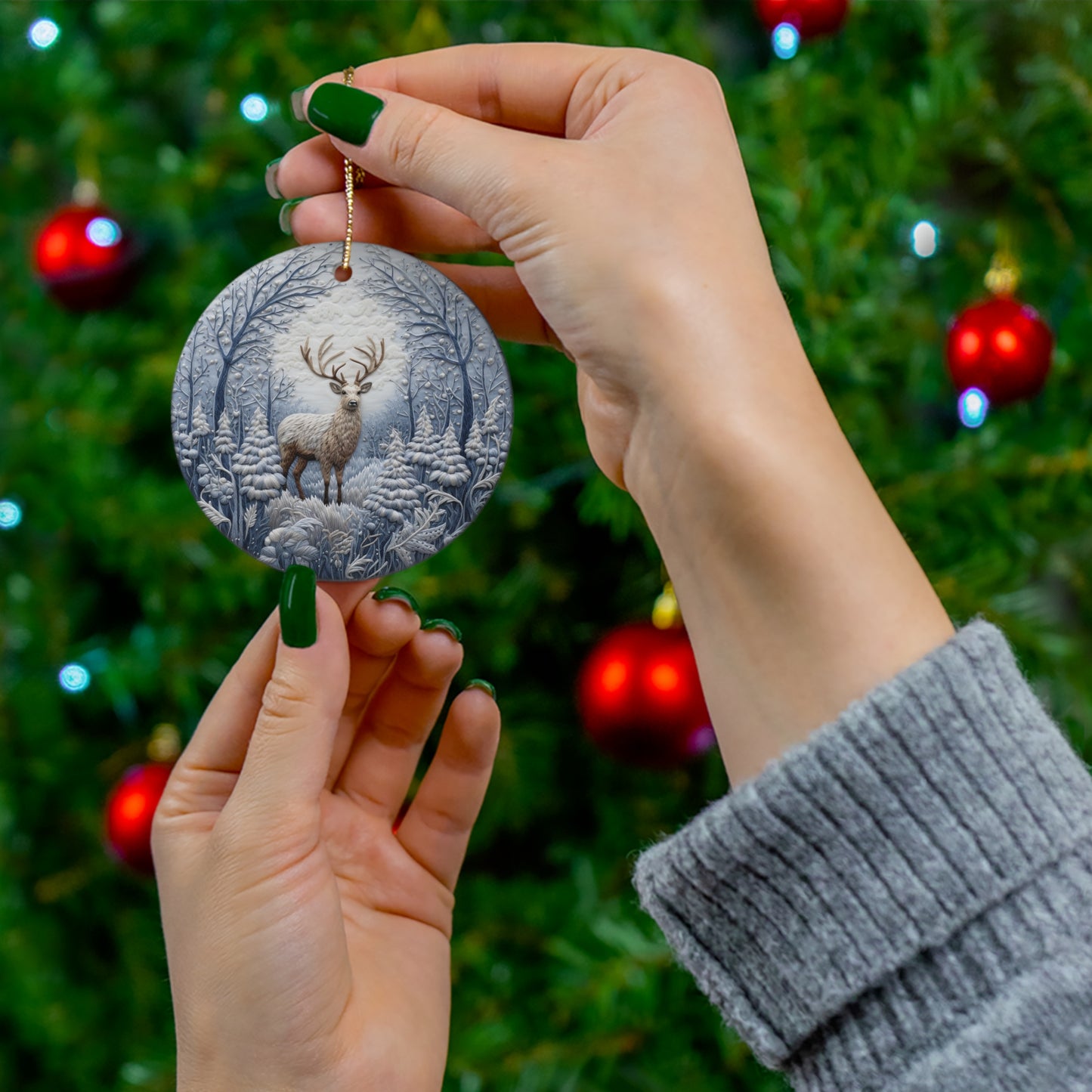 Blues Embroidery Style Buck in Snow Ceramic Ornament