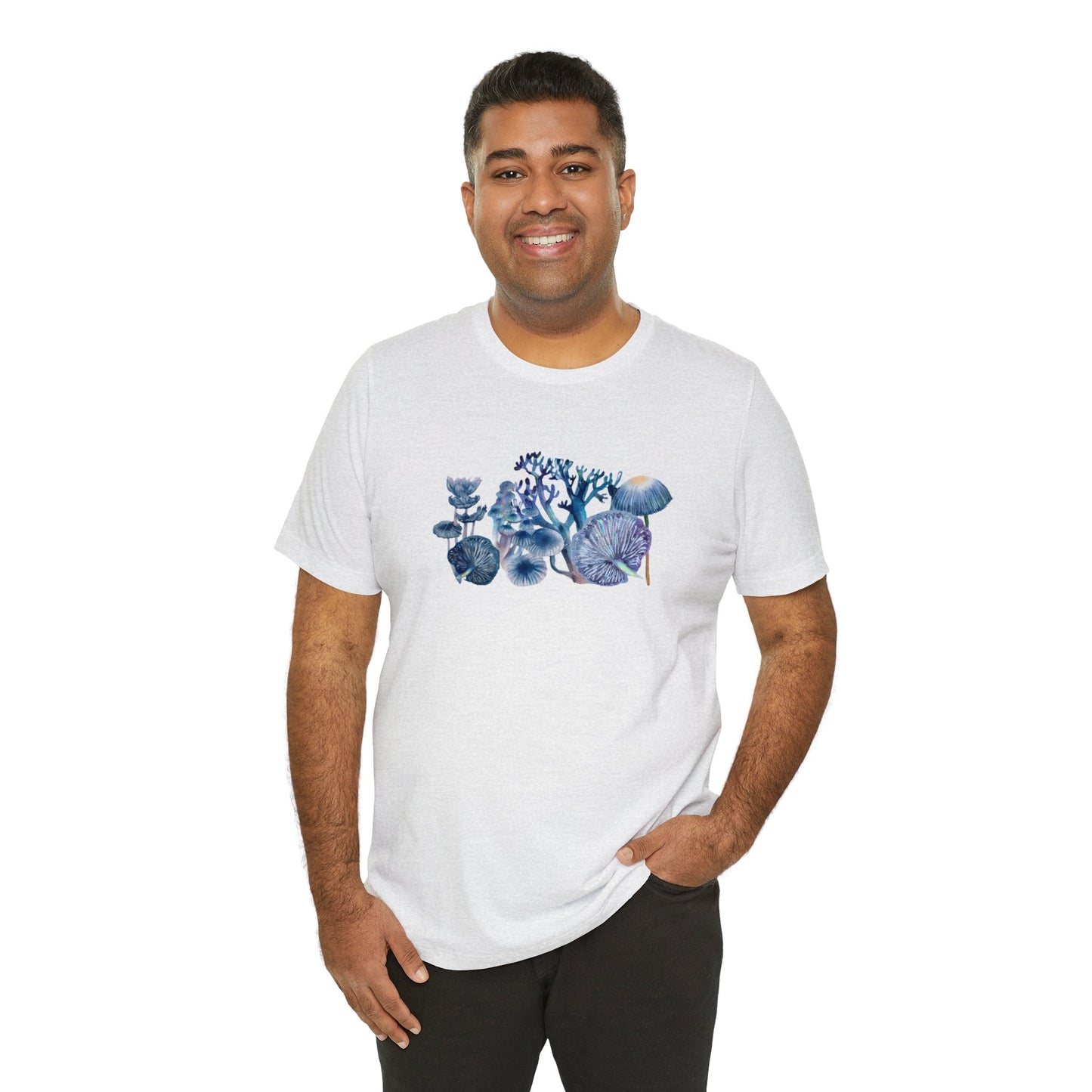 Unisex Watercolor Blue Mushrooms Jersey Short Sleeve Tee