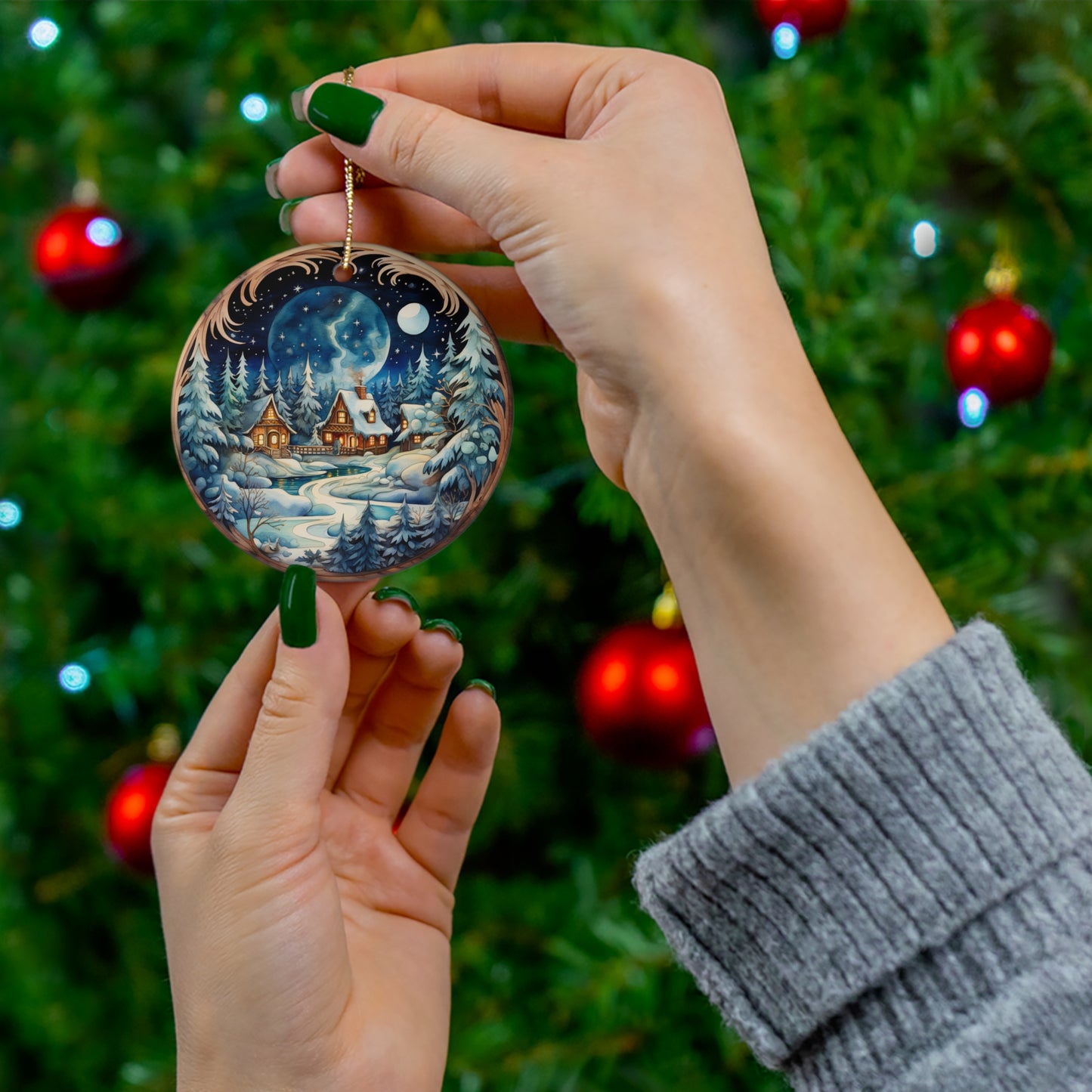 Watercolor Christmas Village at Night Ceramic Ornament