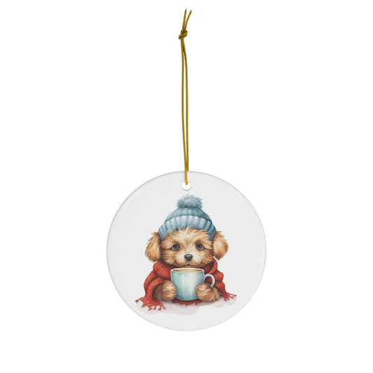 Cute Christmas Puppy in Sweater Drinking Coffee Ceramic Ornament