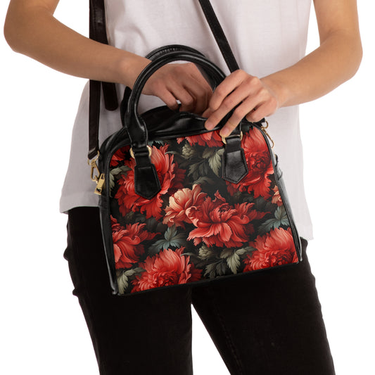 Damask Style Red Peony Flower Shoulder Handbag