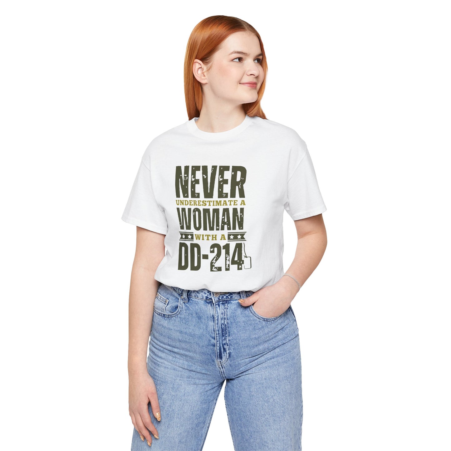 Woman with a DD214 Unisex Jersey Short Sleeve Tee