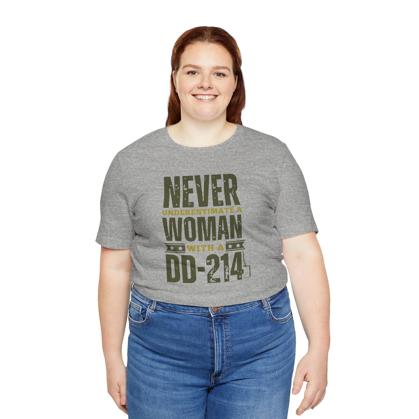 Woman with a DD214 Unisex Jersey Short Sleeve Tee