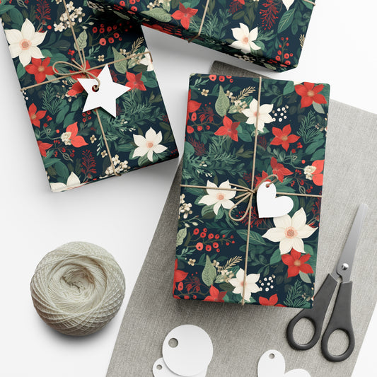 Gift Wrap Papers - Christmas Poinsettias Red and White Flowers Christmas Flowers, Wrapping Paper Roll, Holiday Gift Wrap, Festive Gift Wrap