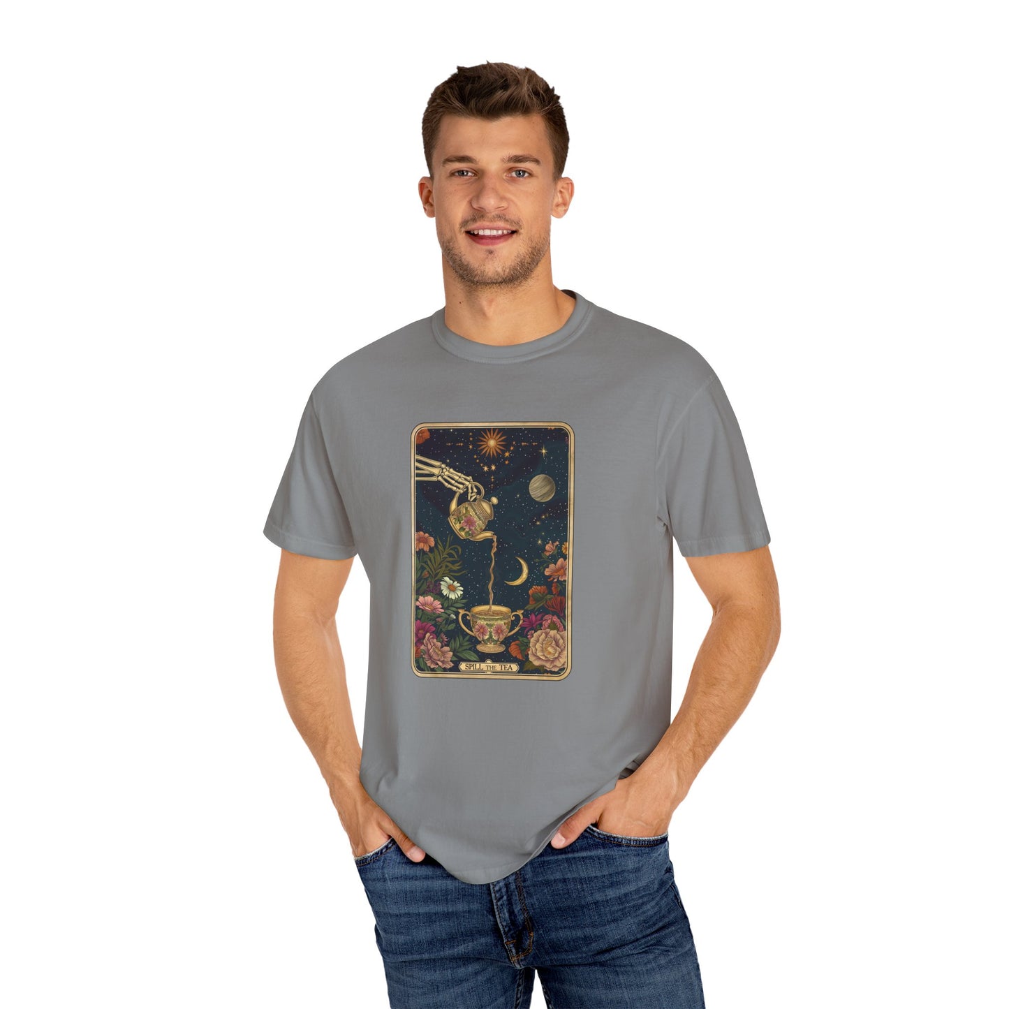 Spill the Tea Tarot Card T-shirt, Unisex Tee for Tarot Lovers, Mystic Apparel, Witchy Shirt, Boho Clothing, Tea Leaf Reading Top