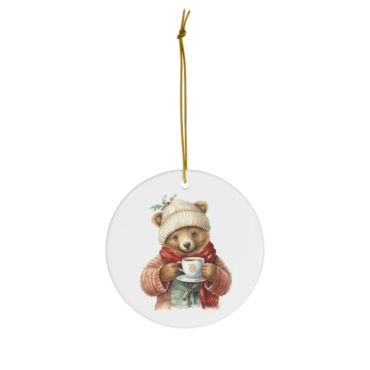 Cute Christmas Bear in Sweater Drinking Coffee Ceramic Ornament