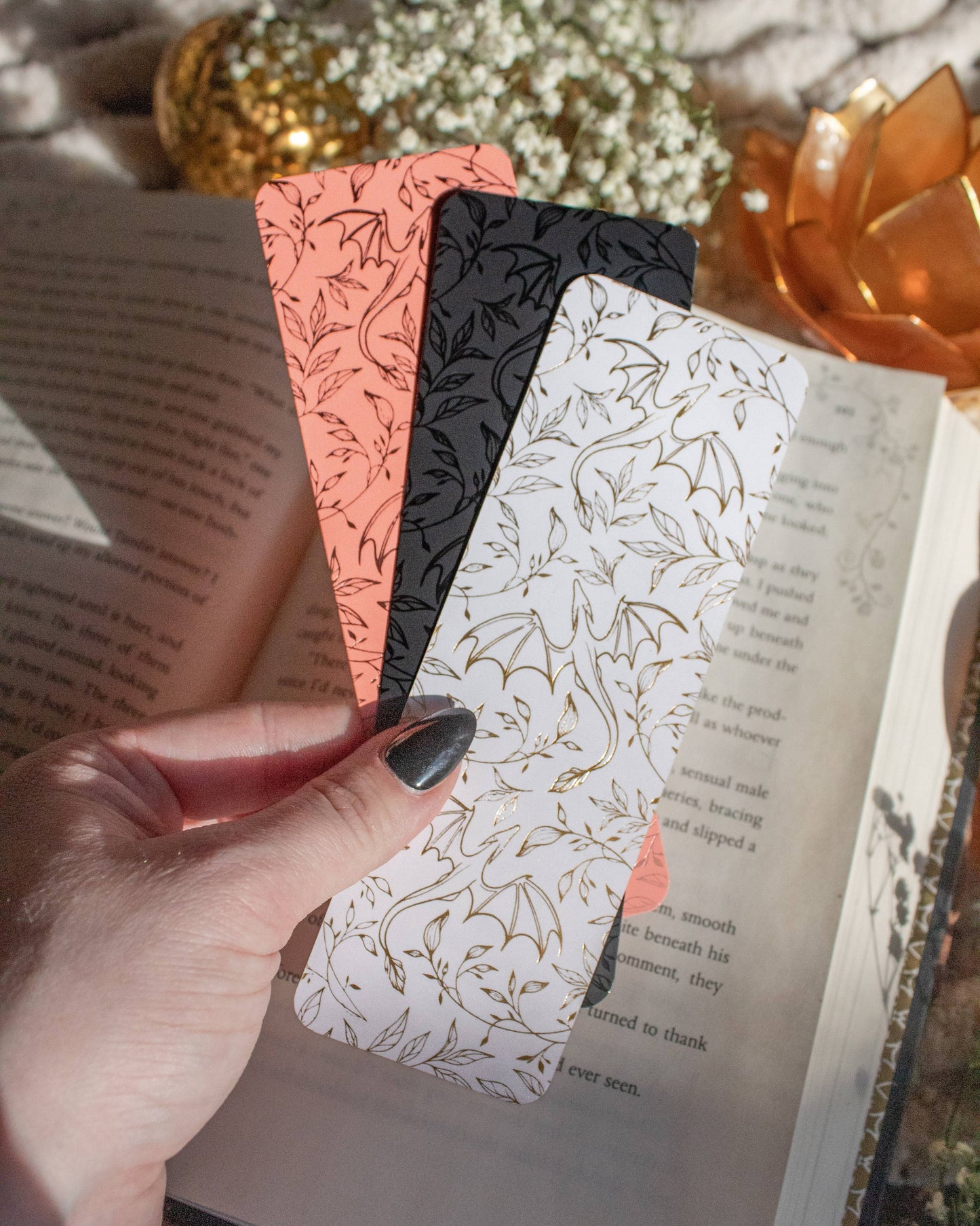Rose Gold Foil & Coral Floral Dragons Bookmark | Soft Touch