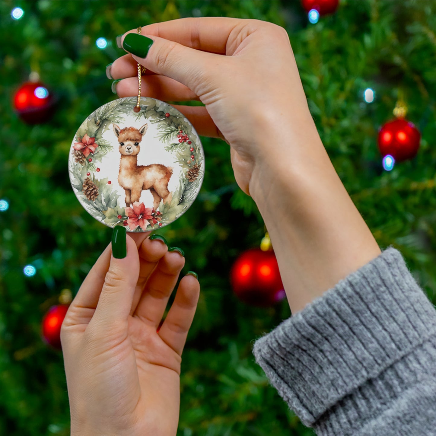 Cute Watercolor Baby Alpaca Ceramic Ornament