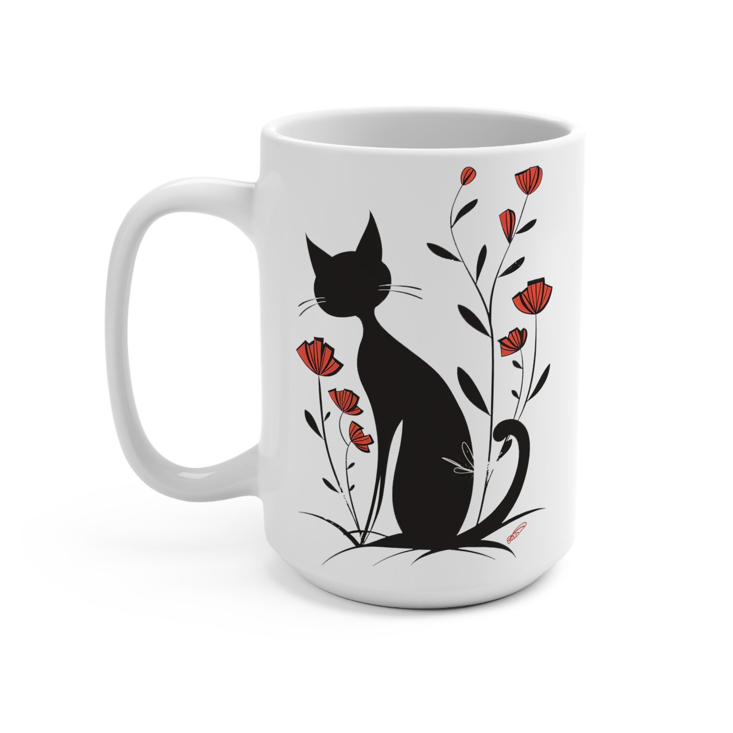 Black Cat With Flowers Mug 15oz